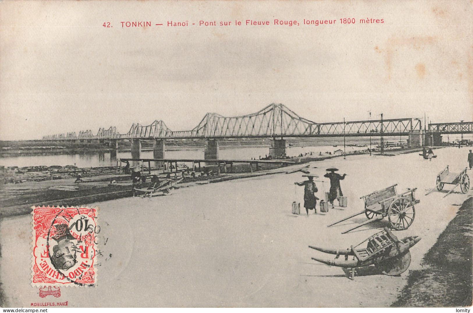 Viet Nam Vietnam Tonkin Hanoi Pont Sur Le Fleuve Rouge CPA + Timbre Animation Porteur Porteurs Cachet 1909 - Viêt-Nam