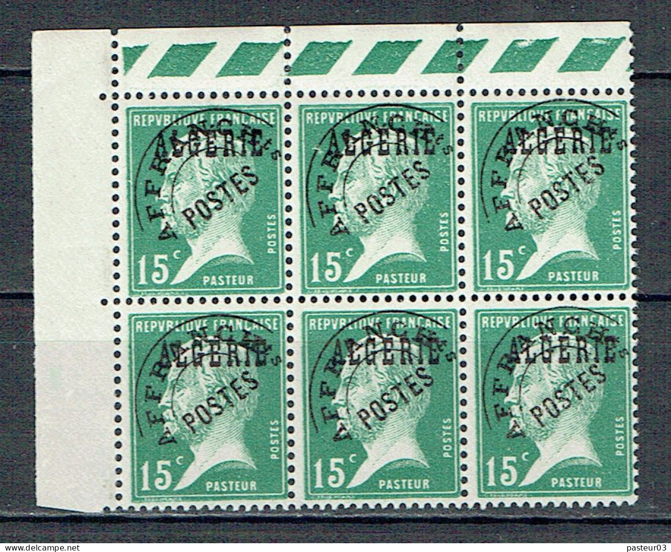 Algérie Préo N° 4 Pasteur 15 C. Vert Bloc De 6 Haut De Feuille Gauche Luxe - Nuevos