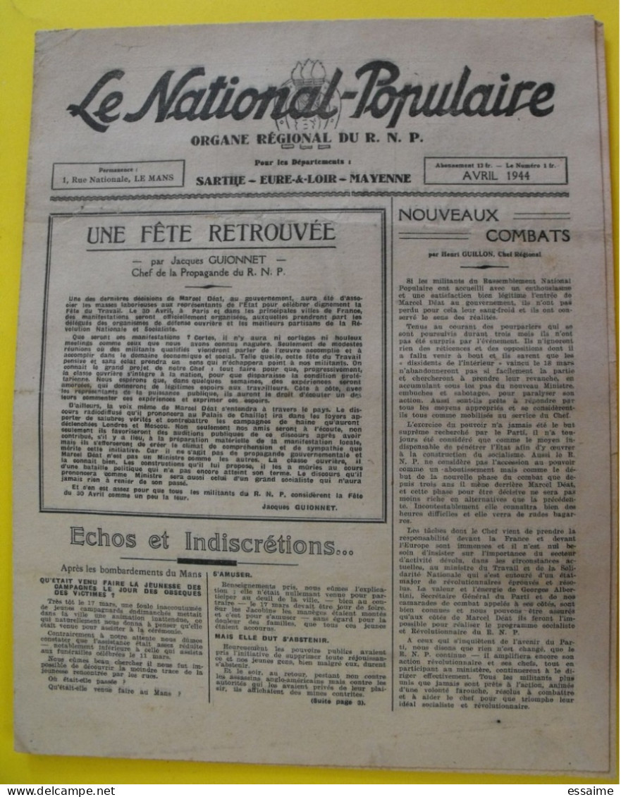 Journal Le National-Populaire. Avril 1944. RNP Sarthe  Eure & Loir Mayenne Guionnet Guillon - Autres & Non Classés