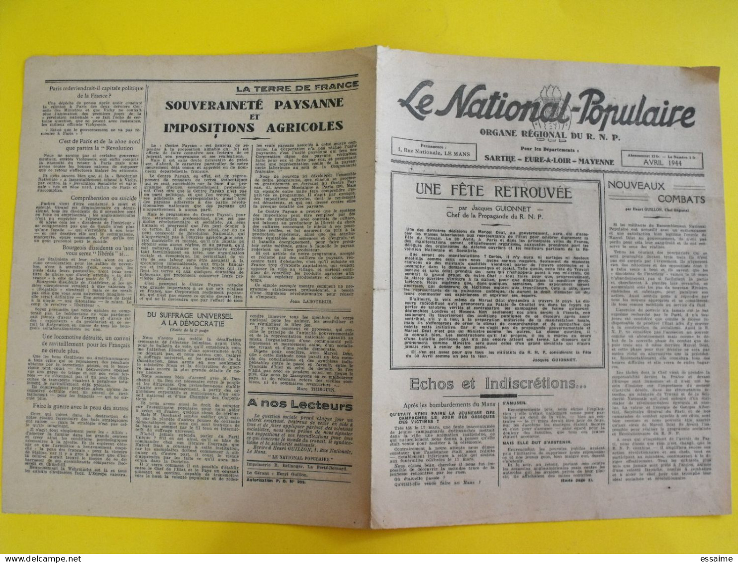 Journal Le National-Populaire. Avril 1944. RNP Sarthe  Eure & Loir Mayenne Guionnet Guillon - Sonstige & Ohne Zuordnung