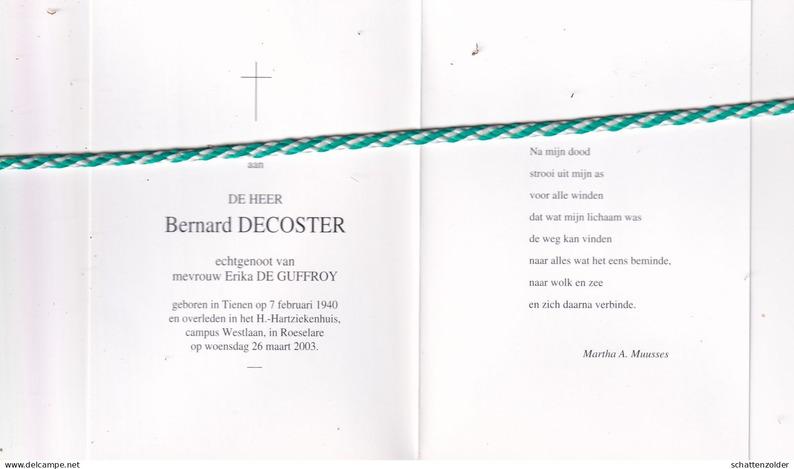 Bernard Decoster-De Guffroy, Tienen 1940, Roeselare 2003. Foto - Décès