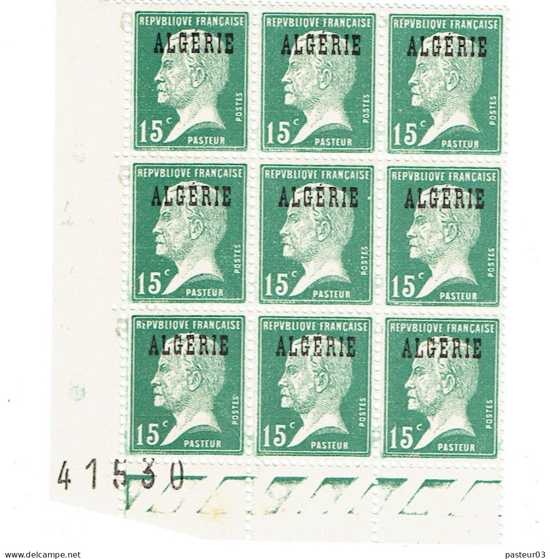 Algérie N° 17 Pasteur 15 C. Vert Bloc De 9 Timbres Bas De Feuille N° 41530 Luxe - Unused Stamps