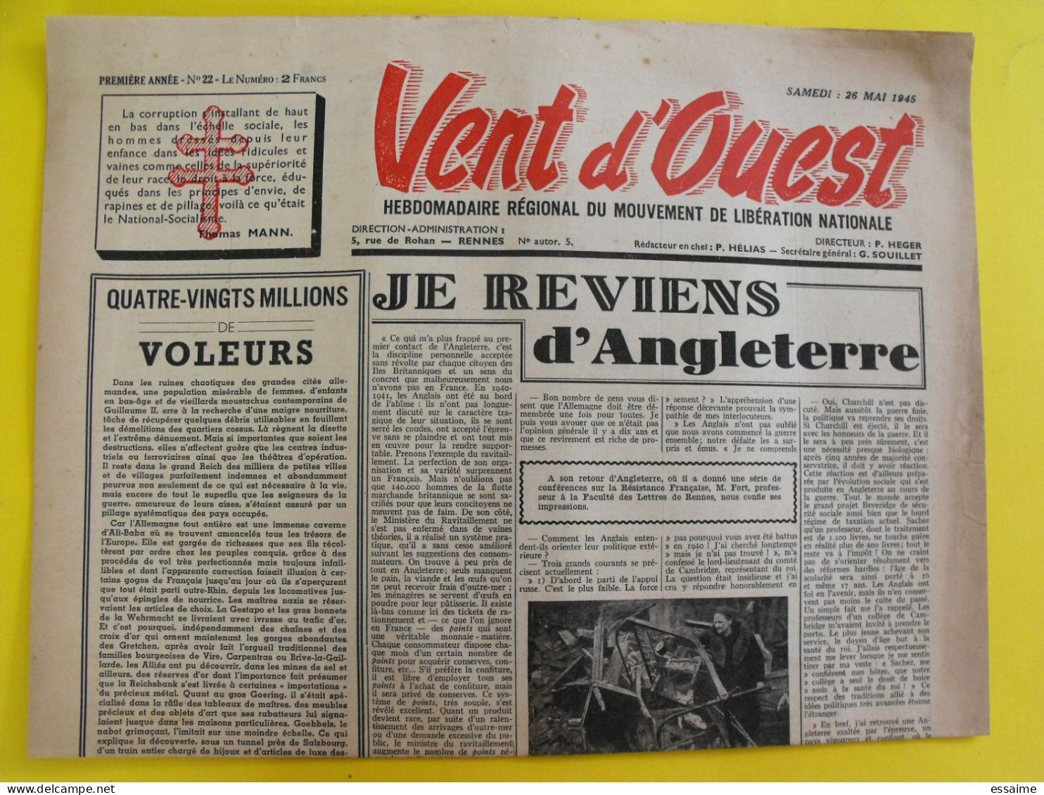 Journal Vent D'Ouest N° 22 Du 26 Mai 1945 Mouvement De Libération Nationale  Japon - Altri & Non Classificati