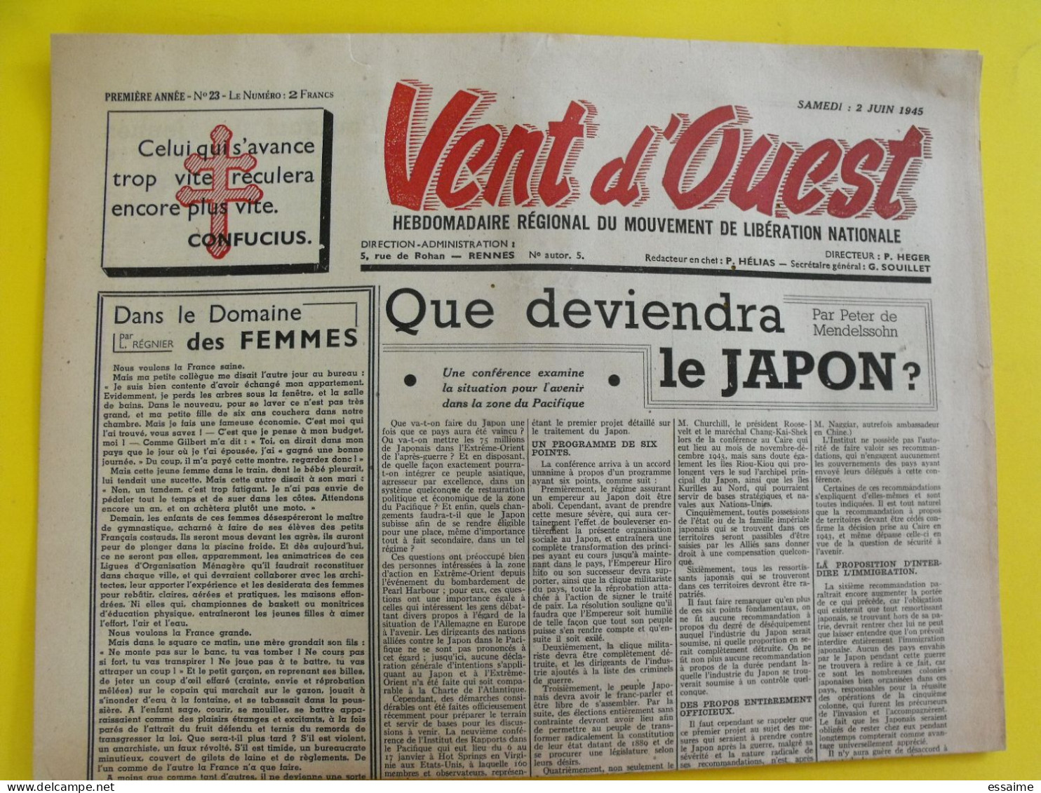 Journal Vent D'Ouest N° 23 Du 2 Juin 1945 Mouvement De Libération Nationale  Japon De Gaulle - Other & Unclassified