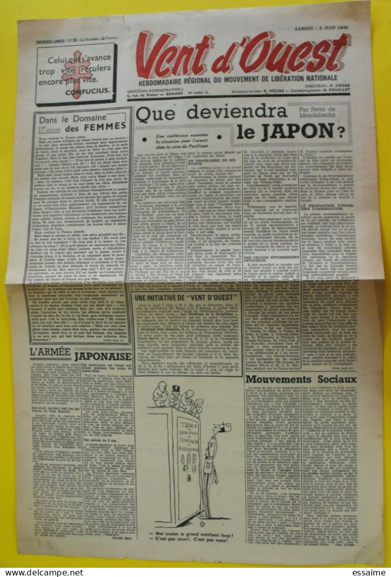 Journal Vent D'Ouest N° 23 Du 2 Juin 1945 Mouvement De Libération Nationale  Japon De Gaulle - Other & Unclassified