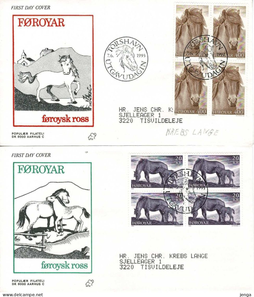 Faroe Islands 1993; Horses.  Set Of 2 In Single And Block Of 4 On FDC (Populær Filateli). - Faroe Islands
