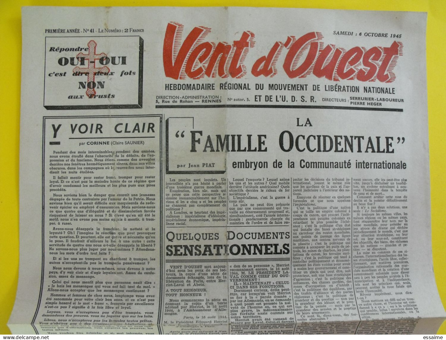 Journal Vent D'Ouest N° 41 Du 6 Octobre 1945 Mouvement De Libération Nationale De Gaulle Herriot Prisonniers Allemands - Otros & Sin Clasificación