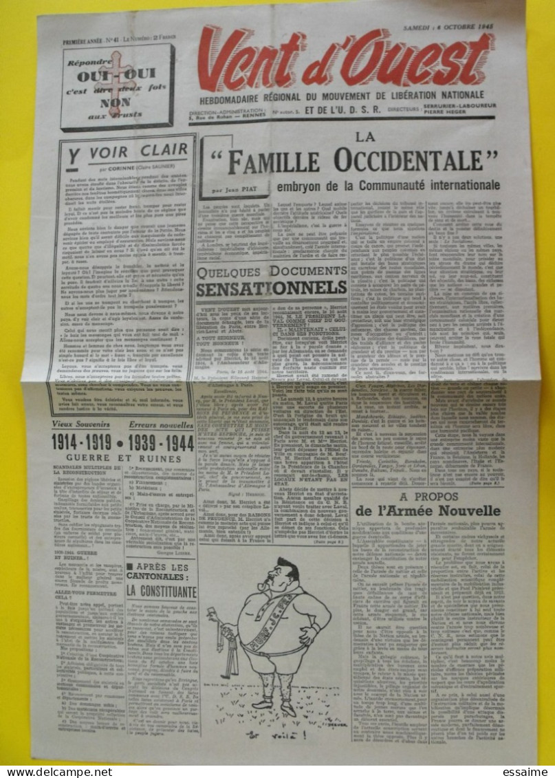 Journal Vent D'Ouest N° 41 Du 6 Octobre 1945 Mouvement De Libération Nationale De Gaulle Herriot Prisonniers Allemands - Other & Unclassified
