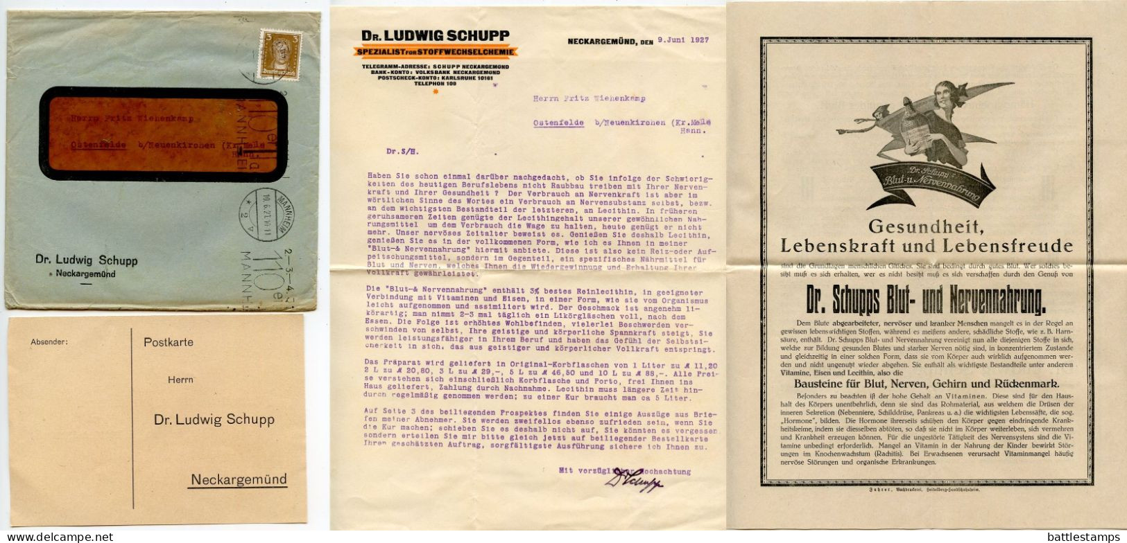 Germany 1927 Cover W/ Letter & Medical Advertisement; Mannheim - Dr. Ludwig Schupp To Ostenfelde; 3pf. Geothe - Briefe U. Dokumente