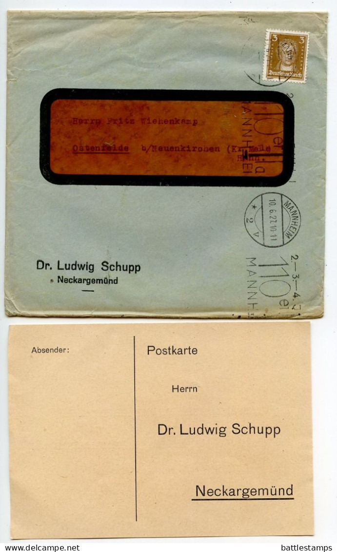 Germany 1927 Cover W/ Letter & Medical Advertisement; Mannheim - Dr. Ludwig Schupp To Ostenfelde; 3pf. Geothe - Storia Postale