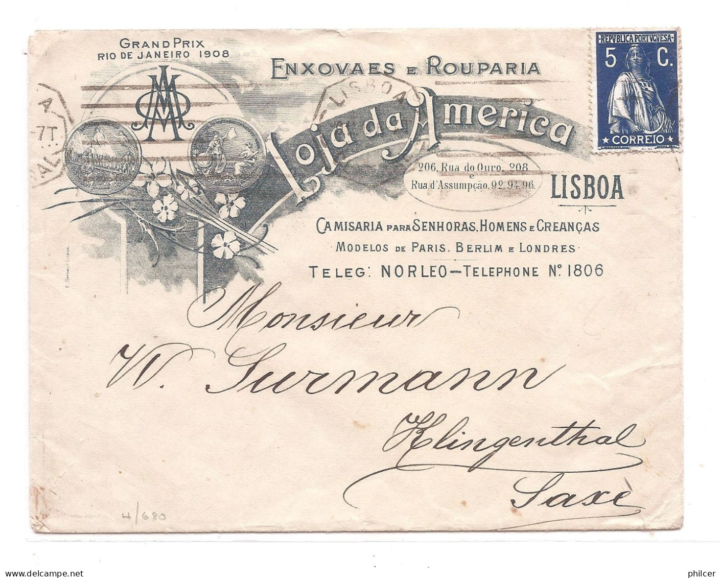 Portugal, 1912, # 212, Lisboa-Saxe - Storia Postale