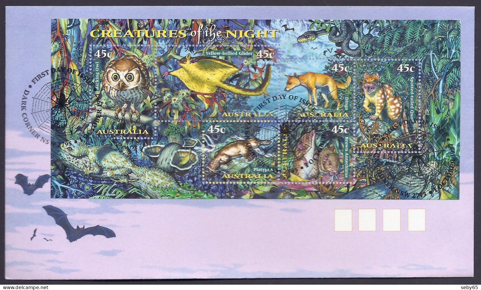 Australia 1997 - Creatures Of The Night, Fauna, Animals, Dingo, Platypus, Barking Owl - Miniature Sheet FDC - Omslagen Van Eerste Dagen (FDC)