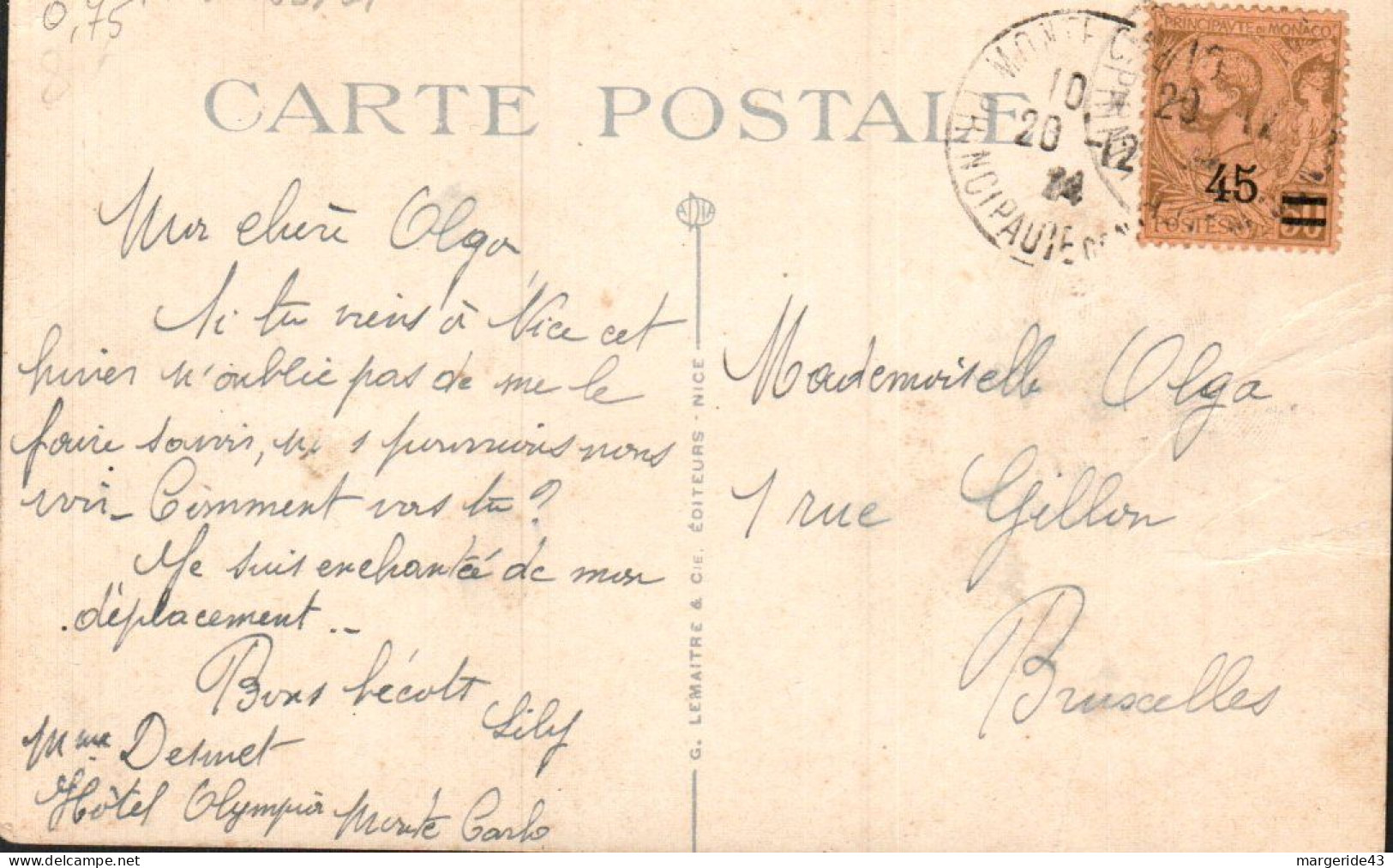 MONACO SEUL SUR CARTEPOUR LA BELGIQUE 1924 - Lettres & Documents
