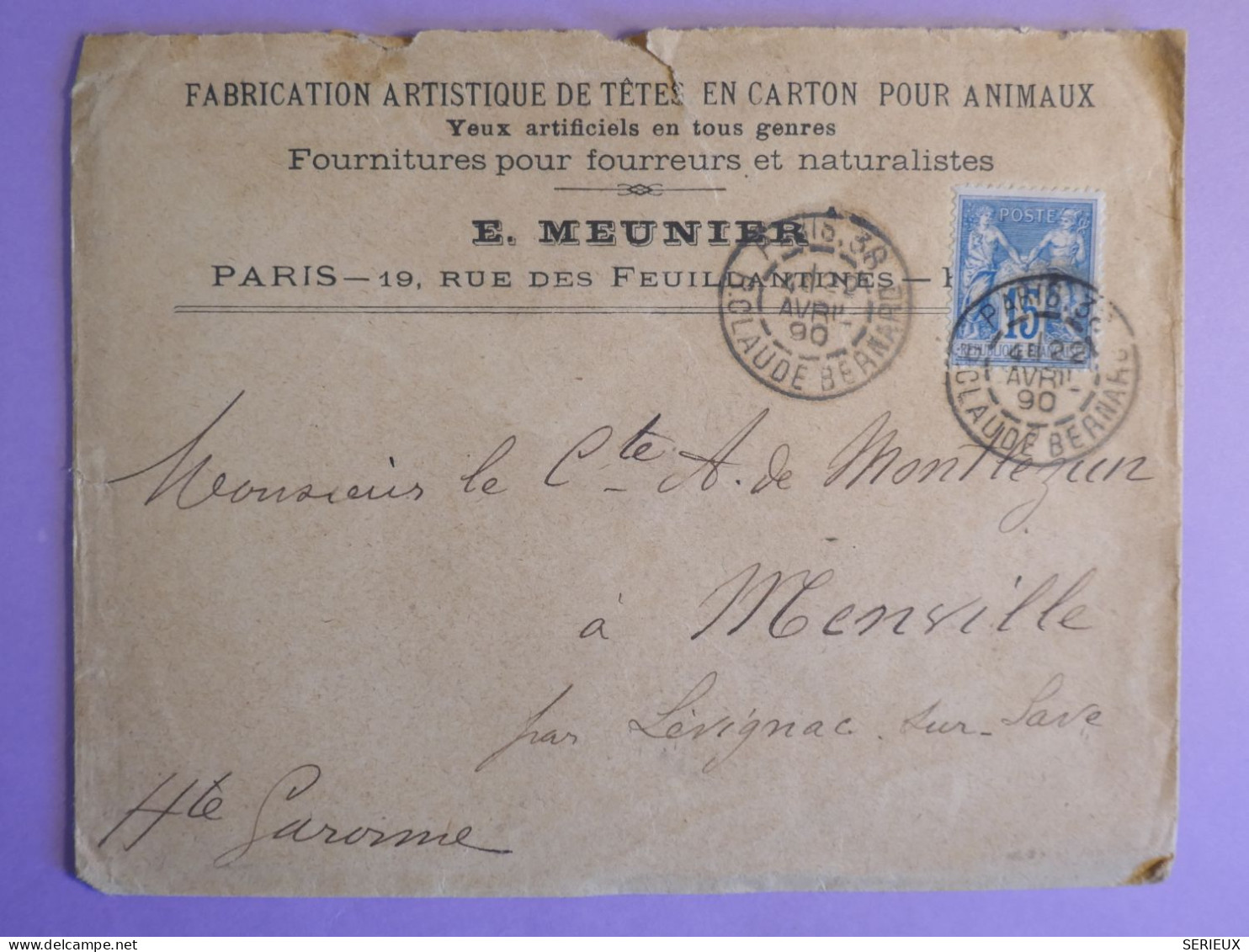DO10  FRANCE  LETTRE PRIVEE  PUB  1890 PARIS A MENSVILLE    +SAGE 15C + AFF. INTERESSANT++ - 1877-1920: Periodo Semi Moderno