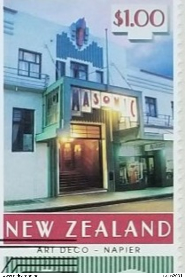 Masonic Hotel At Napier, Masonic Lodge, Freemasonry, Civic Theater, Clock, Architecture, New Zealand 1999 FDC - Freemasonry