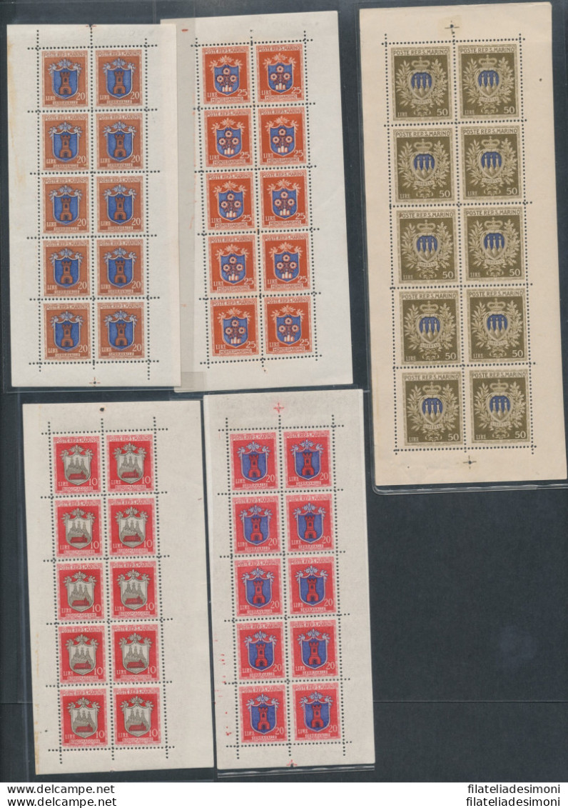 1945-46 SAN MARINO, Minifogli Stemmi , N° 1/5 - OTTIMA QUALITA' - MNH** Certificato Cilio - Blocks & Sheetlets