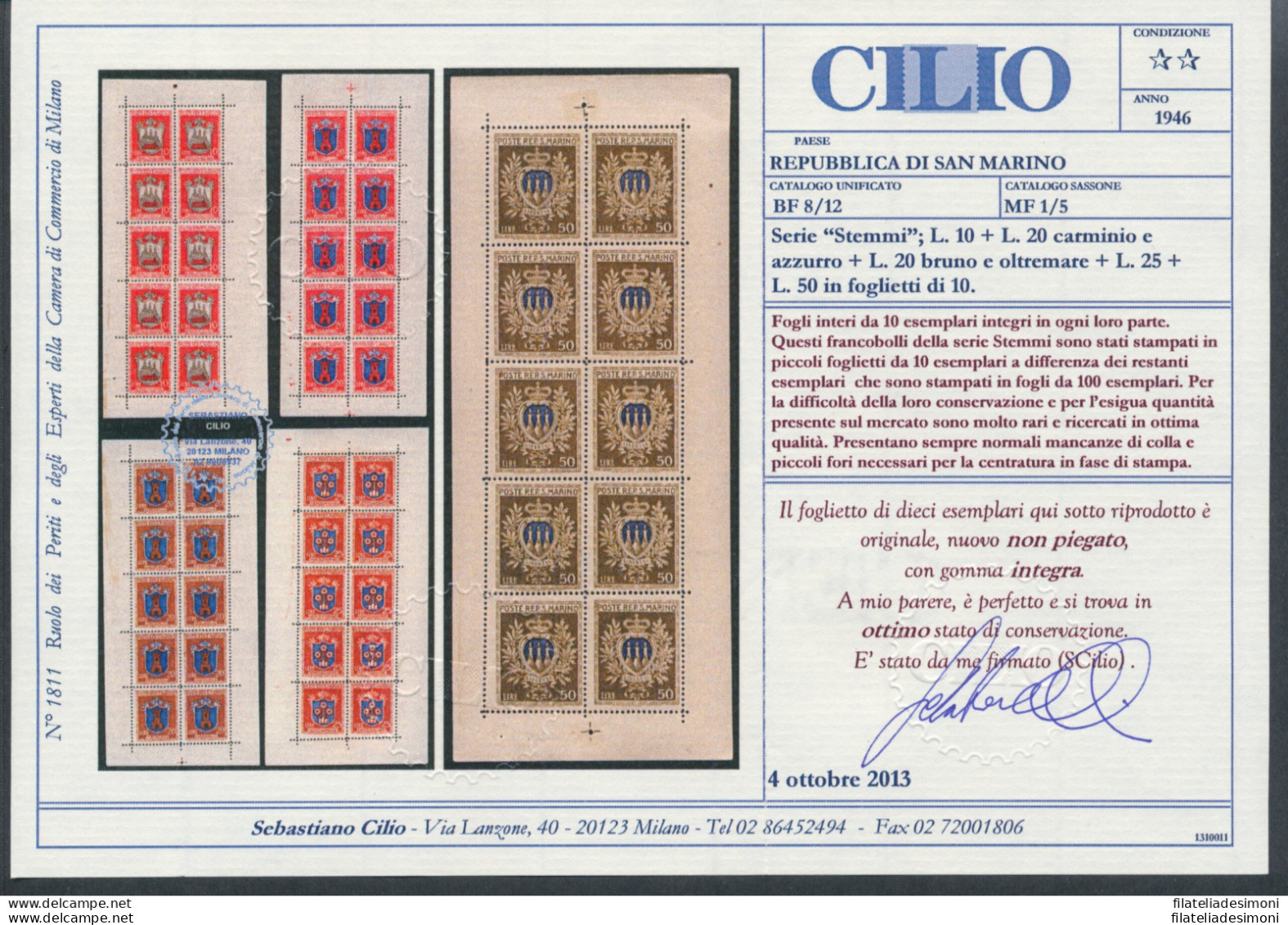 1945-46 SAN MARINO, Minifogli Stemmi , N° 1/5 - OTTIMA QUALITA' - MNH** Certificato Cilio - Blokken & Velletjes