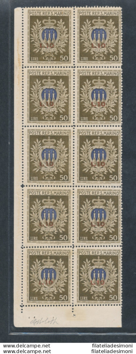 1946 SAN MARINO, Minifoglio Pro Opere Assistenza , N° 7- OTTIMA QUALITA' - MNH** Certificato Cilio - Firme Giulio Bolaf - Blocs-feuillets