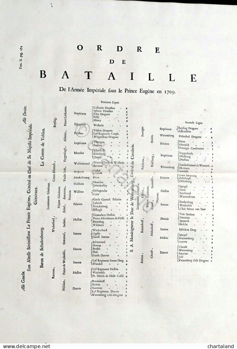 Tavola Ordre De Bataille Armée Impériale Sous Prince Eugéne En 1709 - Ed. 1729 - Estampes & Gravures