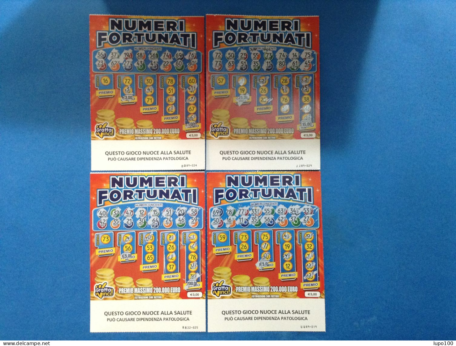 4 Biglietti Lotteria Gratta E Vinci Numeri Fortunati Lotto 3049 Sigla DD JJ RR UU Variante FSC Cartone .... - Billets De Loterie