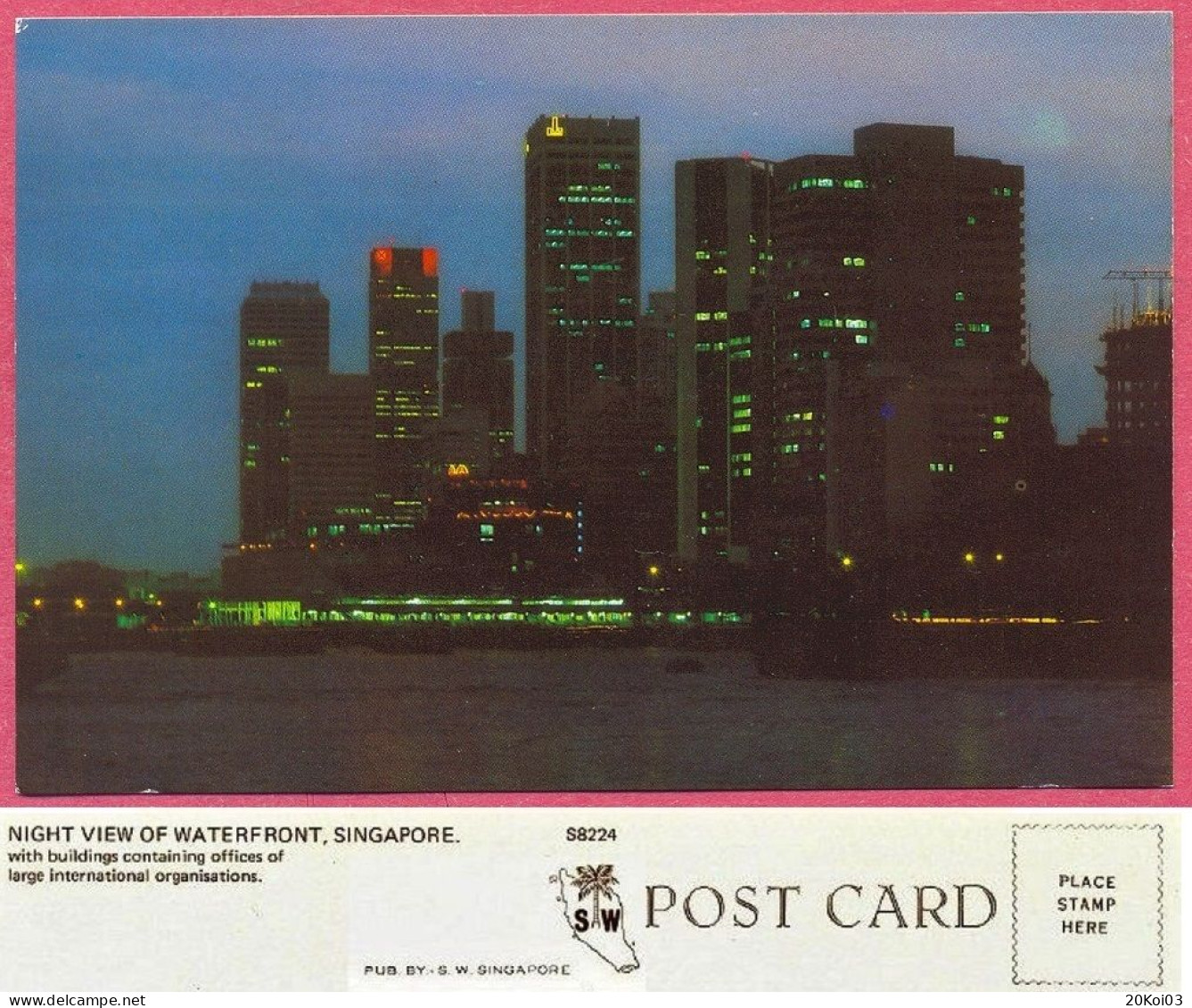 Singapore NIGHT VIEW Of WATERFRONT +/-1974 Vintage, S8224  PUB. BY. S.W. SINGAPORE_UNC_cpc - Singapore