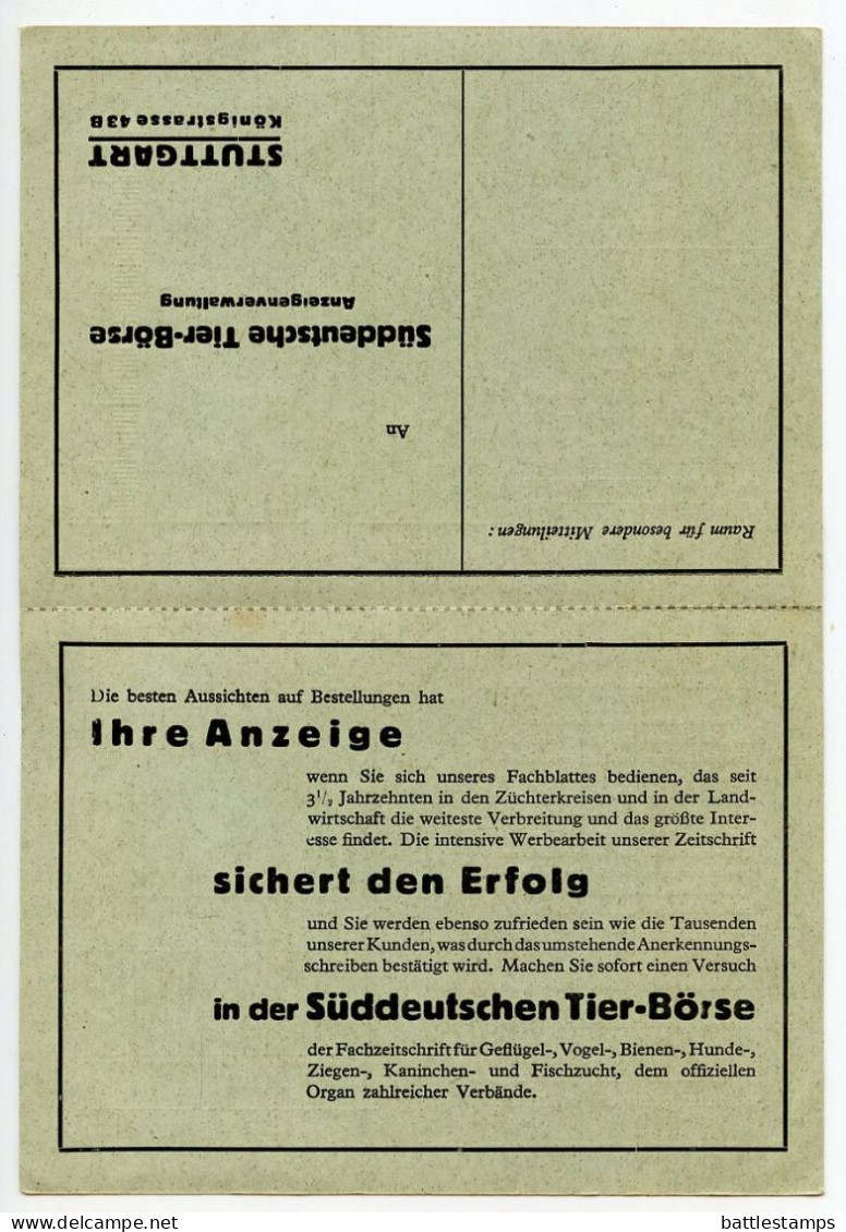 Germany 1927 Postcard W/ Reply Postcard; Stuttgart - Süddeutschen Tier-Börse To Ostenfelde; 3pf. Geothe - Brieven En Documenten