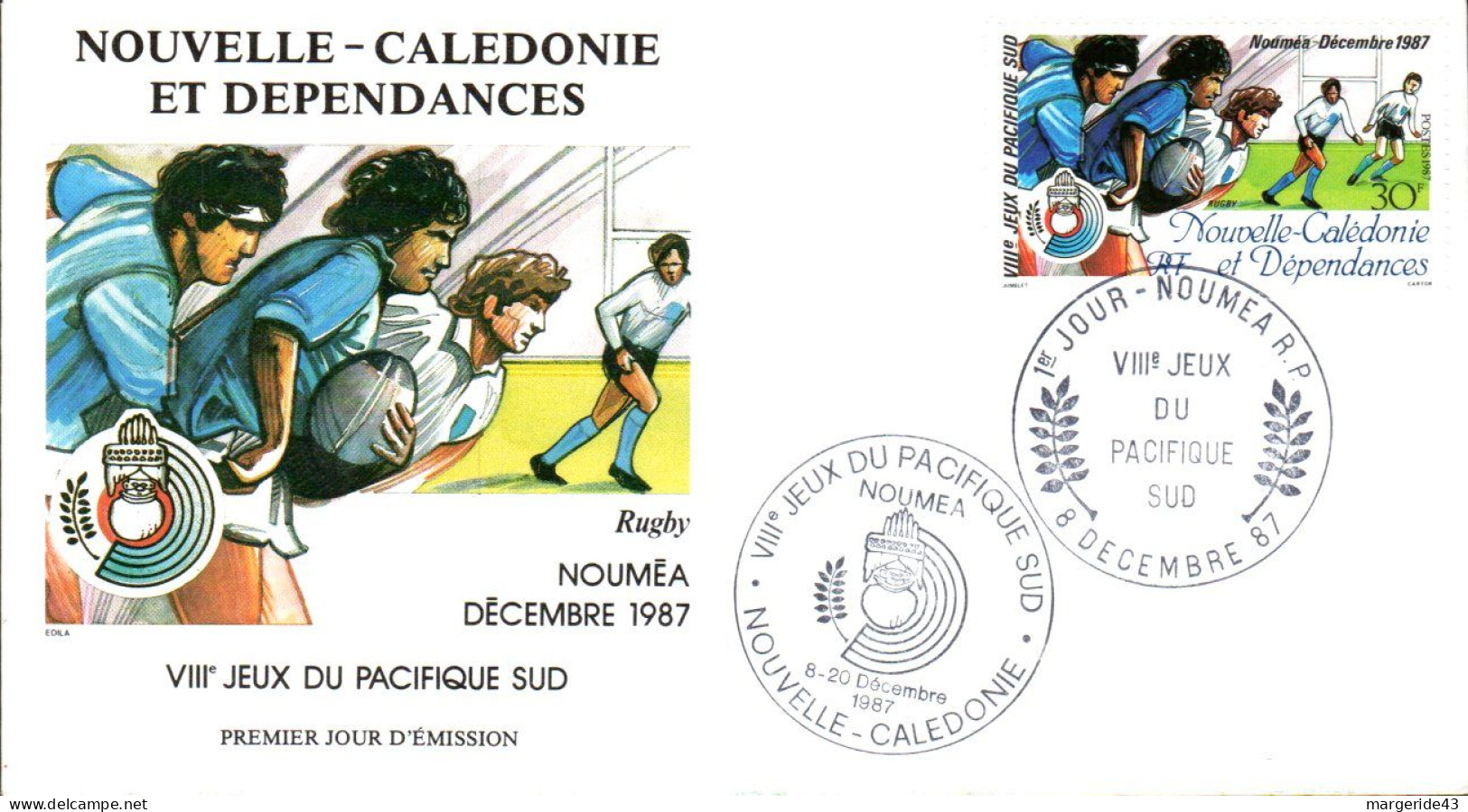 NOUVELLE CALEDONIE FDC 1987 RUGBY - JEUX DU PACIFIQUE SUD - Rugby