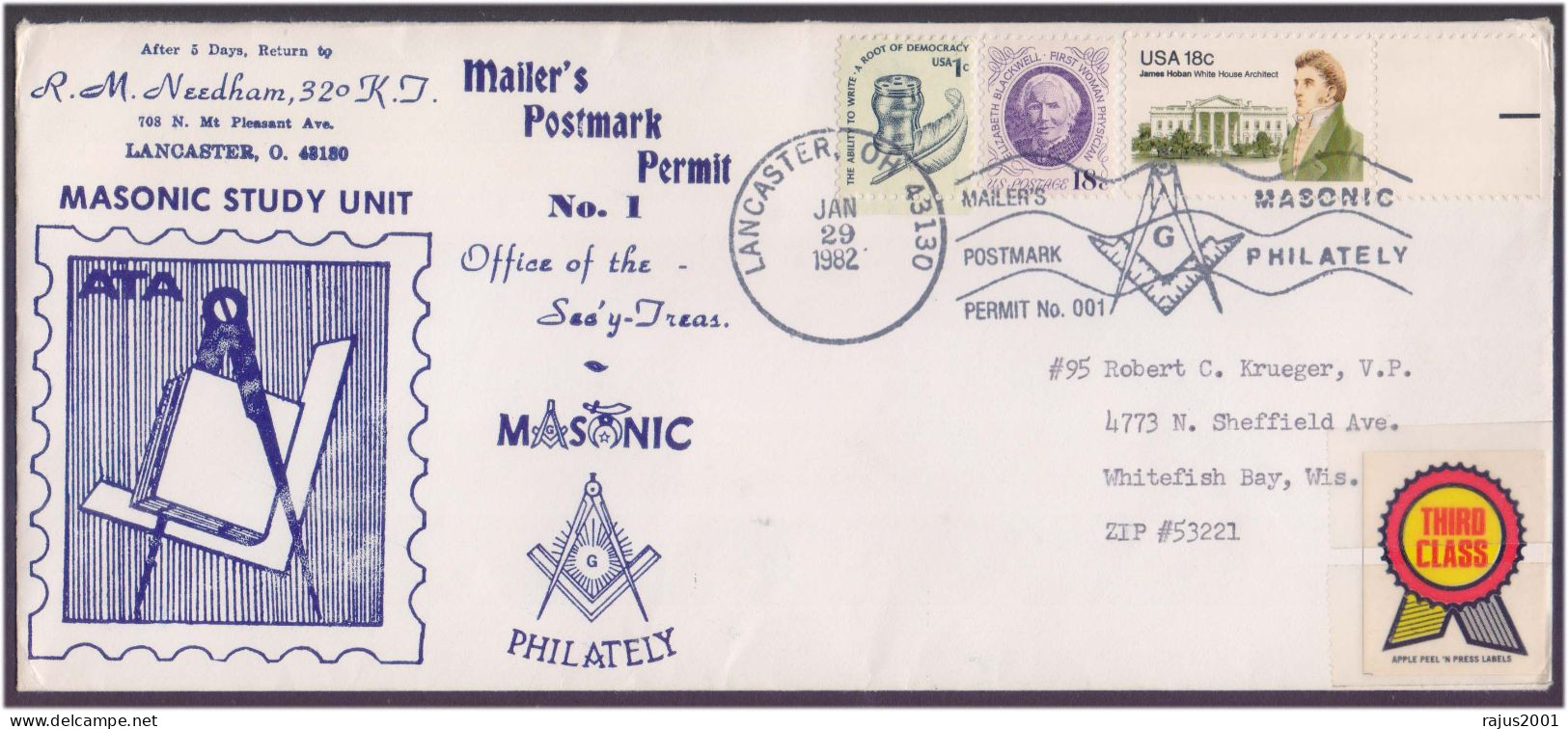 Masonic Study Unit Mailer's Postmark Permit No.1, Masonic Philately, Third Class Label, Freemasonry 1982 Cover - Freimaurerei