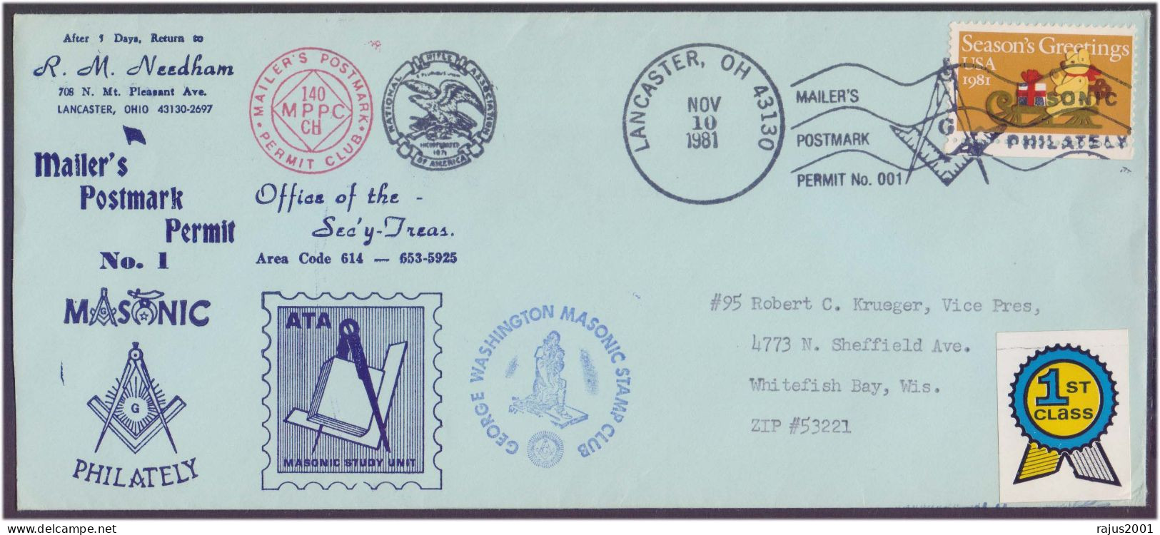 Masonic Study Unit Mailer's Postmark Permit No.1 140 MPPC, Masonic Philately, First Class Label, Freemasonry 1981 Cover - Massoneria