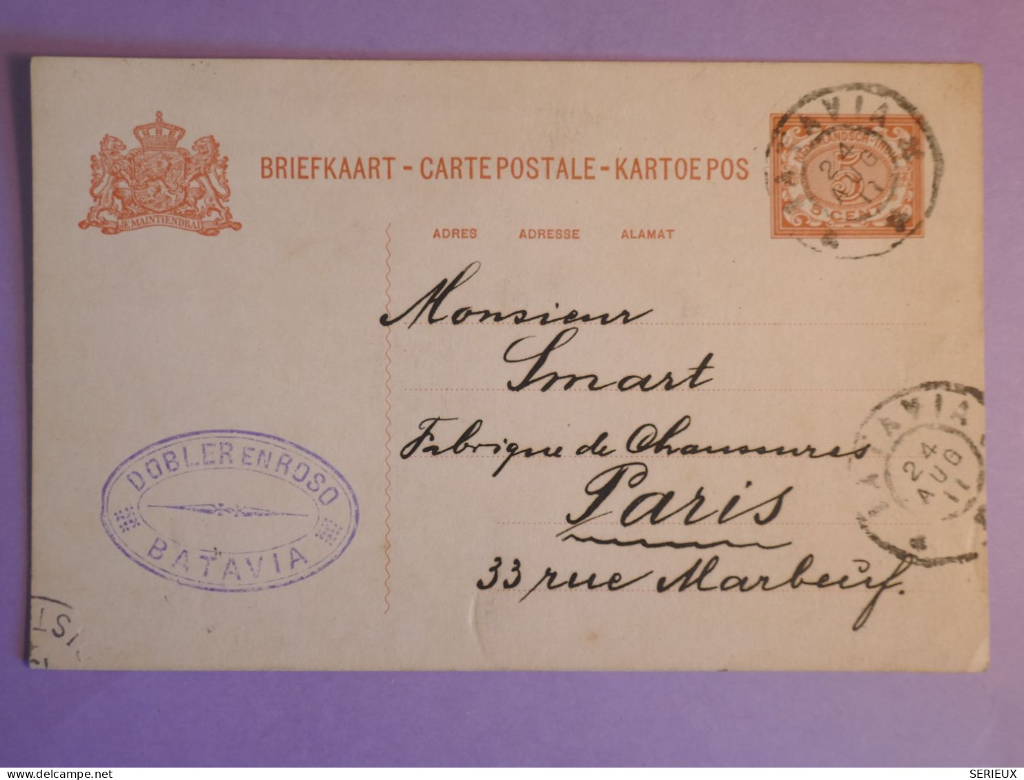 DO10  NEDERLAND INDIES  CARTE ENTIER   1911 BATAVIA A PARIS  FRANCE + AFF. INTERESSANT++ - Postal Stationery