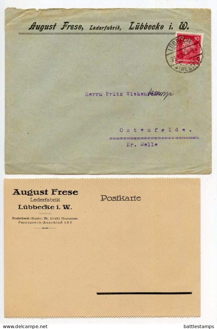 Germany 1927 Cover & Reply Postcard; Lübbecke (Westf.) - August Frese, Lederfabrik; 10pf. Frederick The Great - Brieven En Documenten