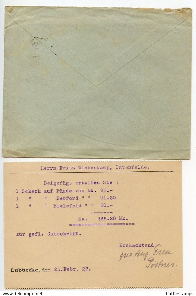 Germany 1927 Cover & Reply Postcard; Lübbecke (Westf.) - August Frese, Lederfabrik; 10pf. Frederick The Great - Briefe U. Dokumente