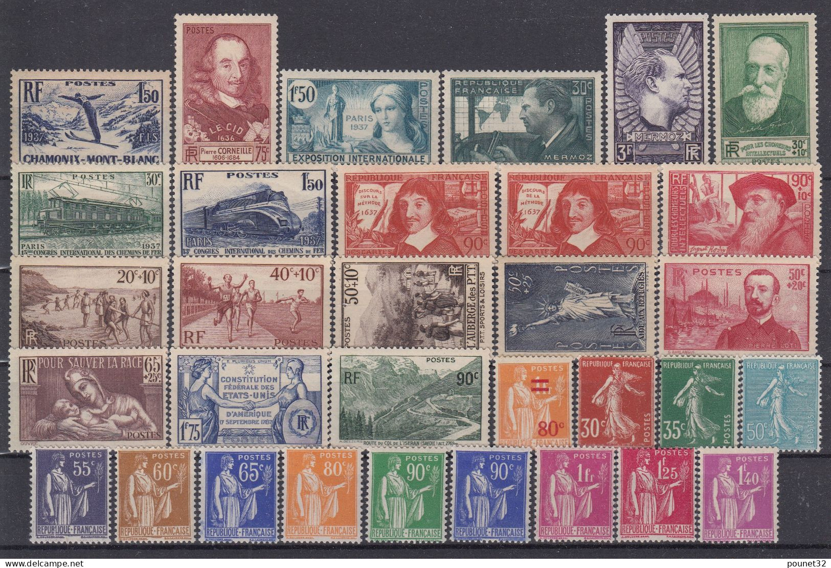 TIMBRE FRANCE 1937 N° 334/371 SAUF PEXIP & SAMOTHRACE NEUFS ** GOMME SANS CHARNIERE - COTE 178 € - Ungebraucht