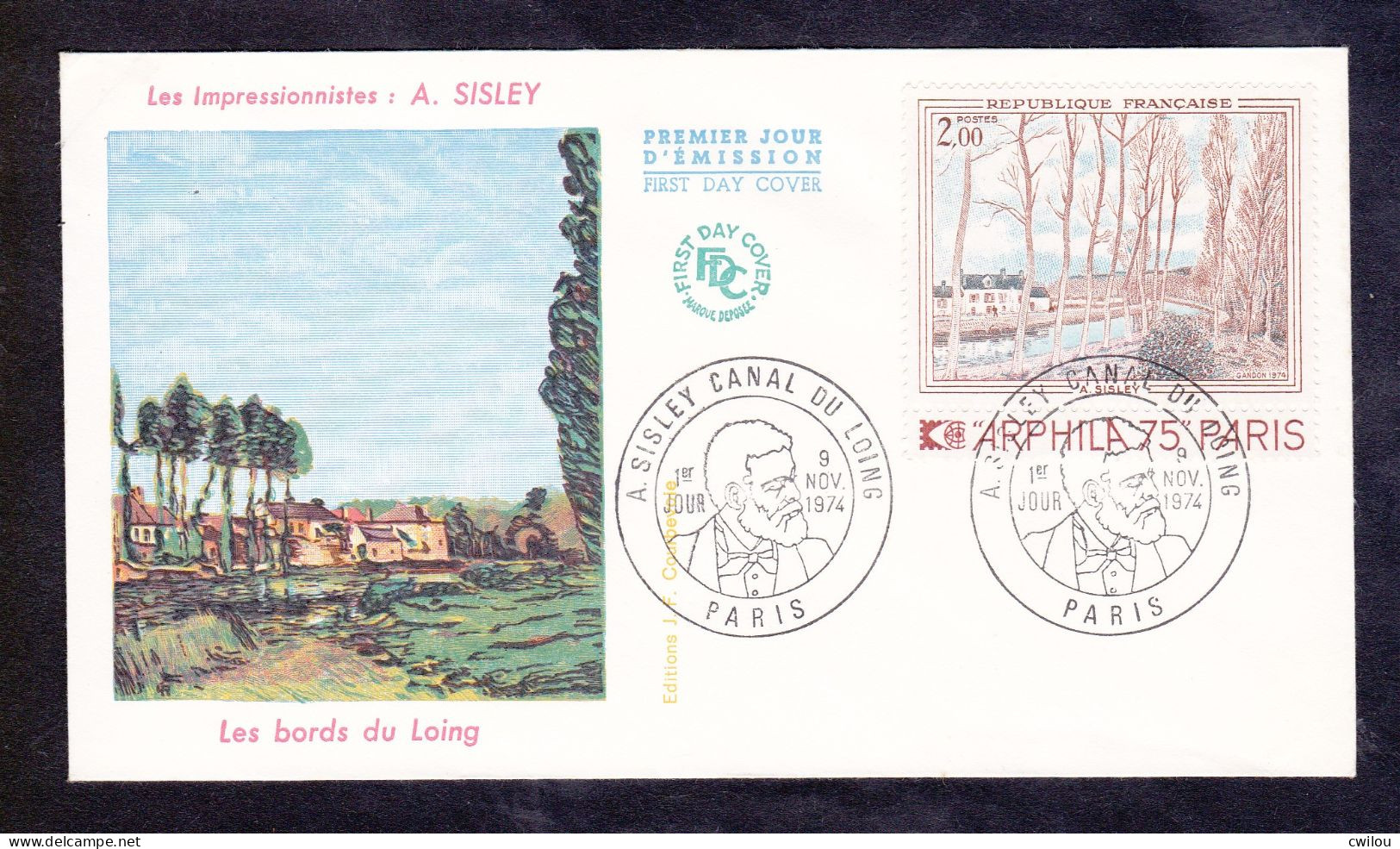 FDC - ENVELOPPE PREMIER JOUR - A SISLEY CANAL DU LOING - NOVEMBRE 1974 - YT 1812 - 1970-1979