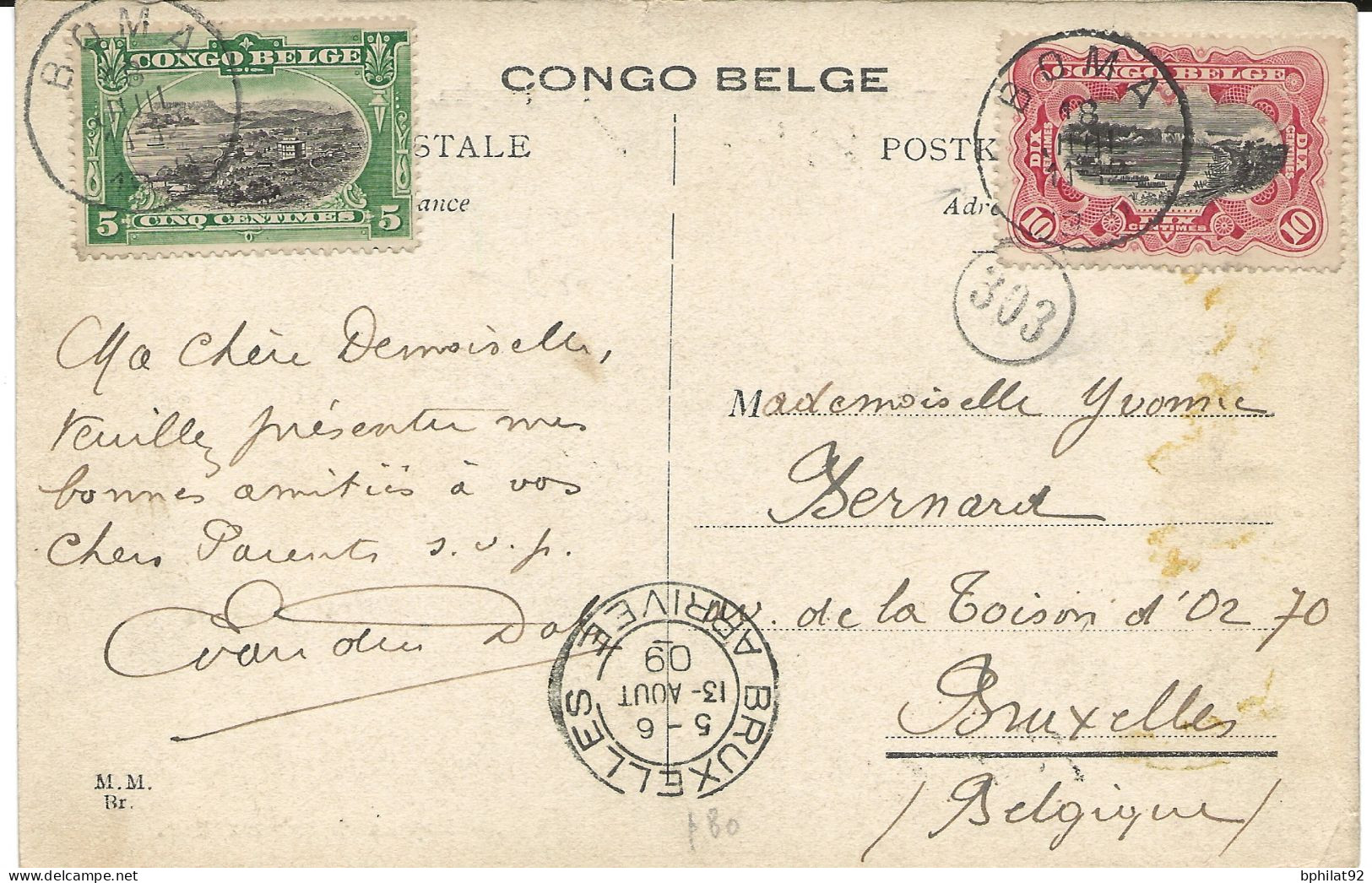 !!! CONGO, CPA DE 1909, DÉPART DE BOMA POUR BRUXELLES (BELGIQUE) - Storia Postale