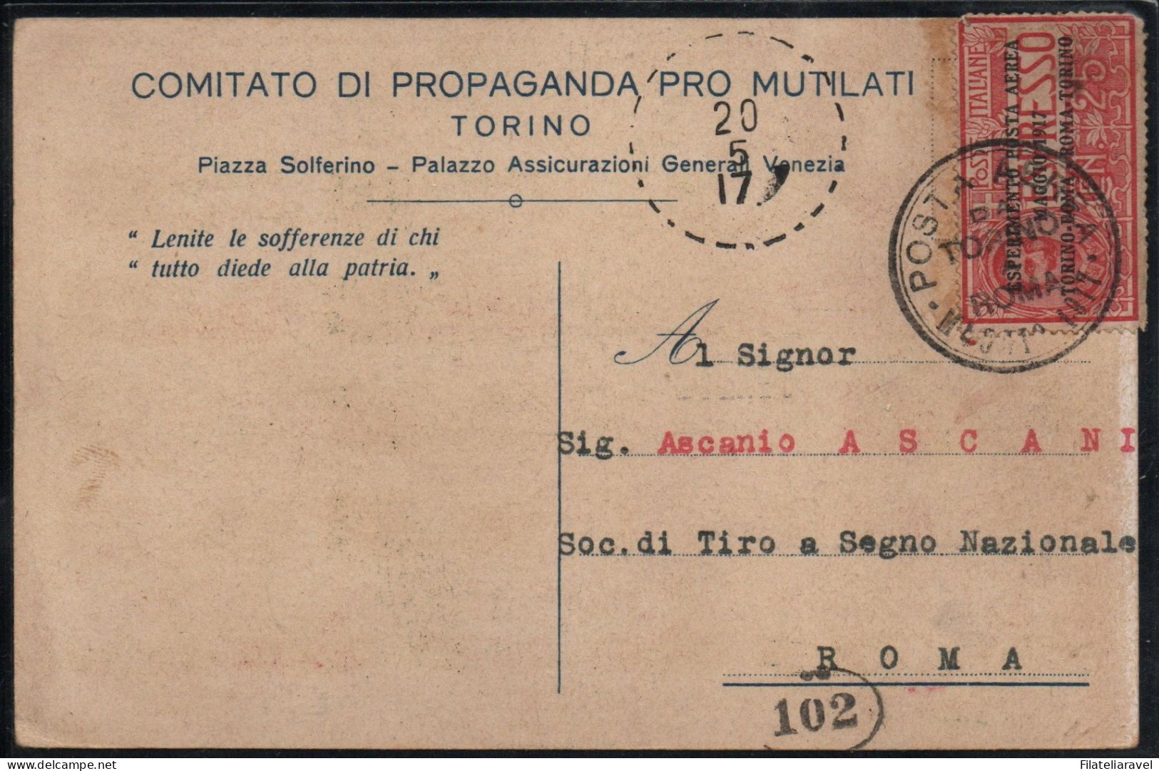 REGNO - 1917 Cartolina "Comitato  Propaganda Pro Mutilati" Viaggiata .20 Maggio 1917 Con Francobollo Di Posta Aerea N.1 - Storia Postale (Posta Aerea)