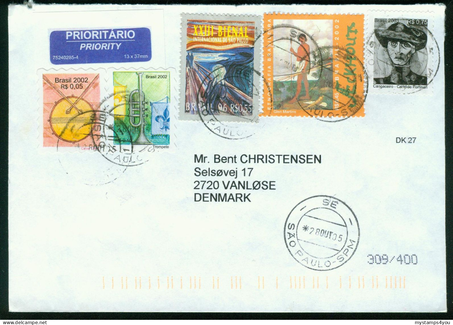 Br Brazil, Sao Paulo 2005 Cover > Denmark (MiNr 2722 "Der Schrei" Edvard Munch) #bel-1054 - Briefe U. Dokumente