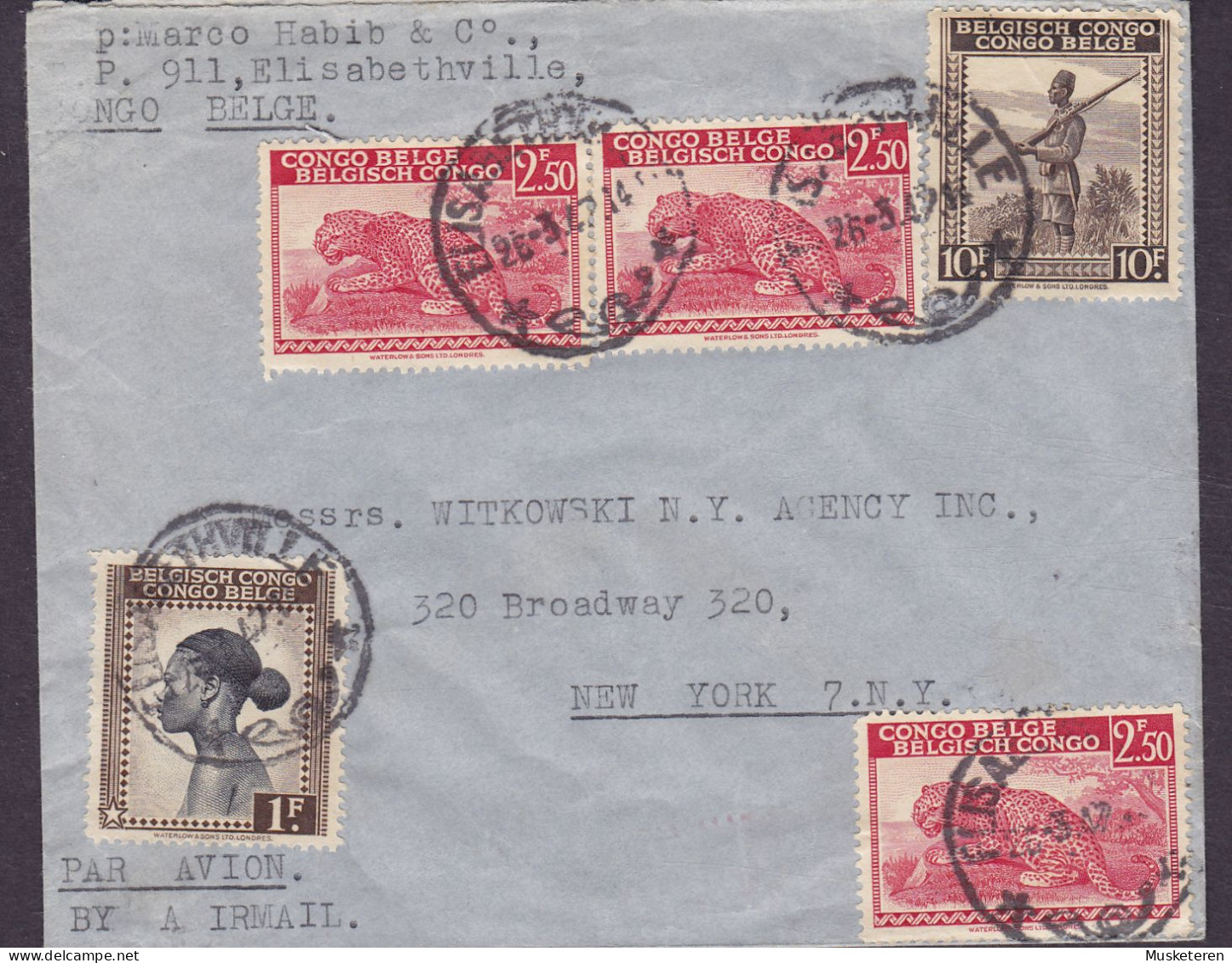 Belgian Congo Par Avion ELISABETHVILLE 1947 Cover Brief Lettre NEW YORK United States 3x Leopard, Batetelafrau  & Akari - Storia Postale