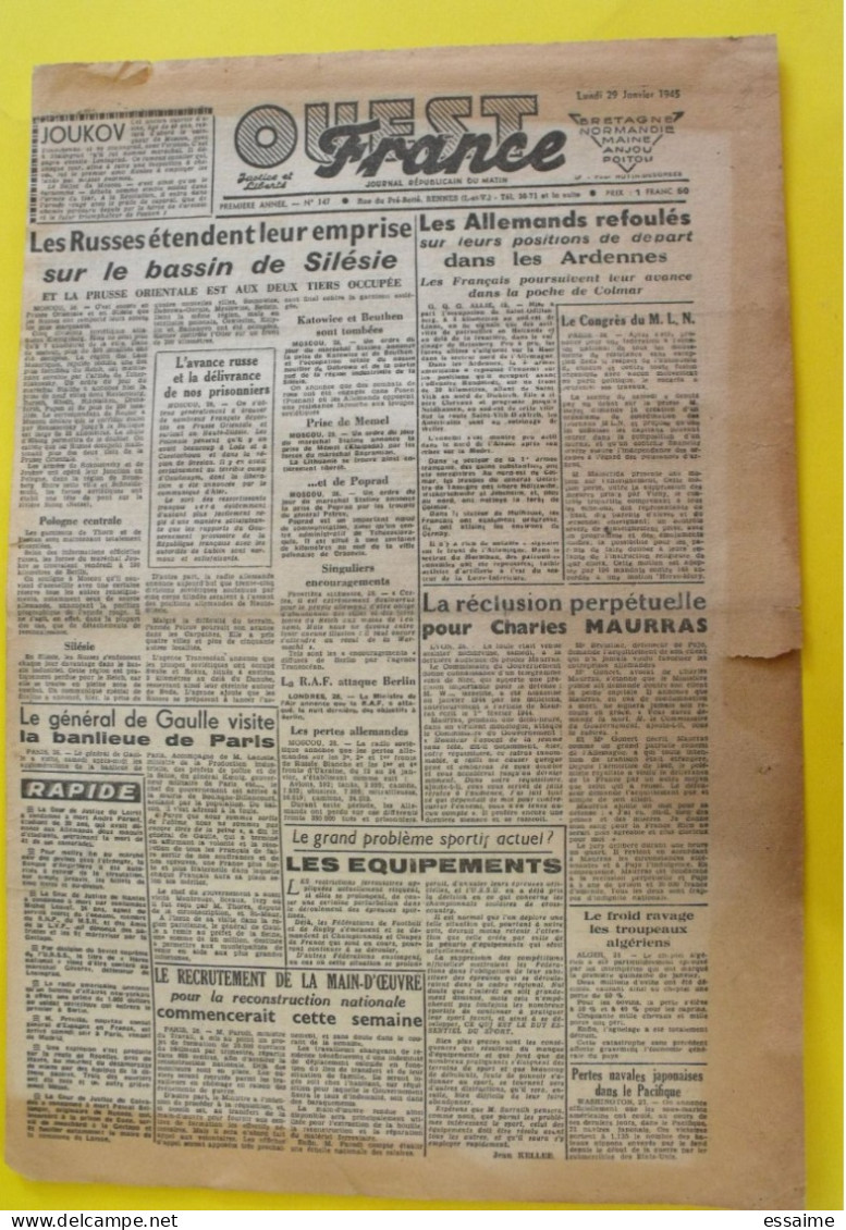 Journal L'Ouest France Du 29 Janvier 1945. Guerre épuration Maurras Pujo MLN De Gaulle Japon Laval Mayenne Ardennes - Sonstige & Ohne Zuordnung