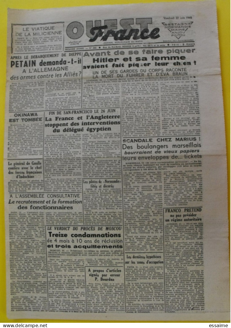 Journal L'Ouest France Du 22 Juin 1945. Guerre épuration Suicide Hitler Eva Braun Franco Japon Okinawa De Gaulle - Autres & Non Classés