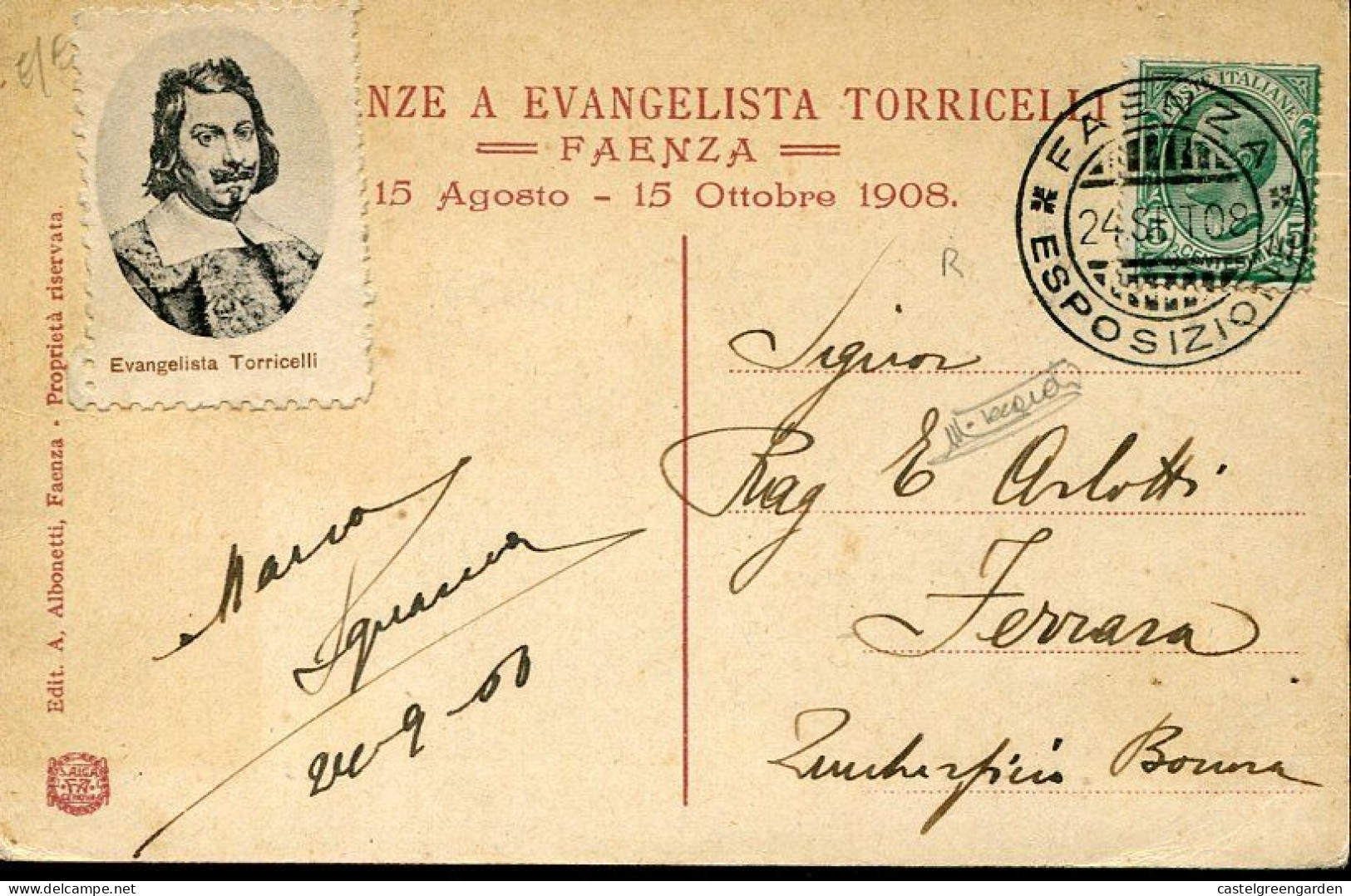 X0491 Italia Rare Card Circuled,Faenza Esposiz.24.9.1908 Physicis, Mathematician Evangelista Torricelli - Altri & Non Classificati