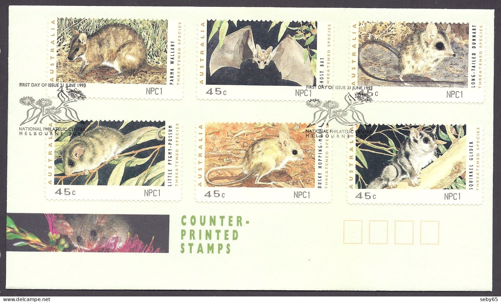 Australia 1993 - Fauna, Wild Endangered Animals, Threatened Species, Wildlife, NPC Counter Printed Stamps - FDC - Omslagen Van Eerste Dagen (FDC)