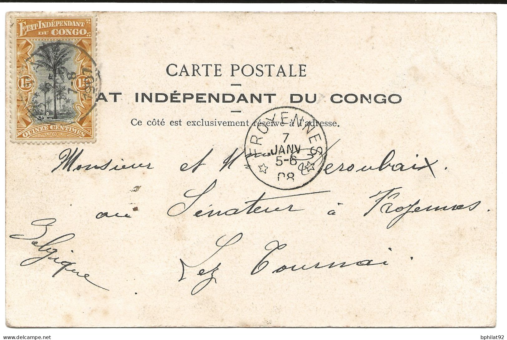!!! CONGO, CPA DE 1908, DÉPART DE BOMA POUR LEZ-TOURNAIS (BELGIQUE), ARRIVÉE DE CHEMIN DE FER. - Covers & Documents