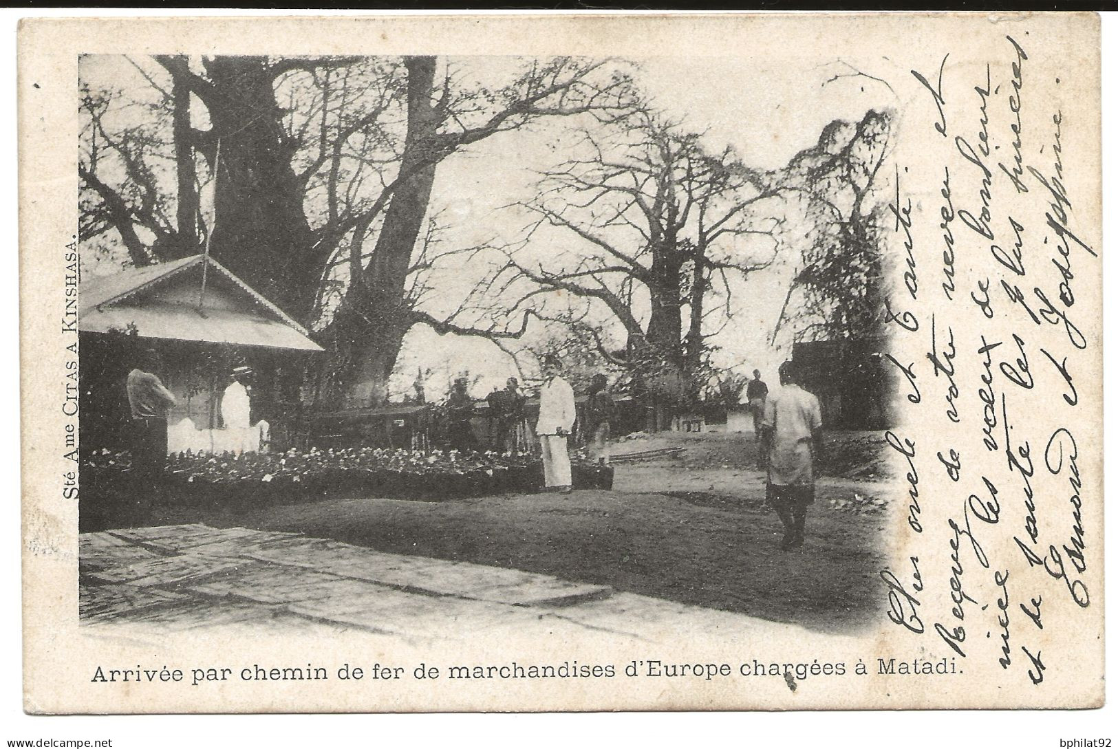 !!! CONGO, CPA DE 1908, DÉPART DE BOMA POUR LEZ-TOURNAIS (BELGIQUE), ARRIVÉE DE CHEMIN DE FER. - Cartas & Documentos
