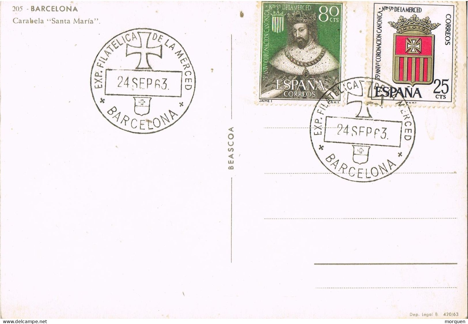55040. Postal BARCELONA 1963, Exposicion Feria De La MERCED. Barco De COLON, Carabela Santa Maria - Cartas & Documentos