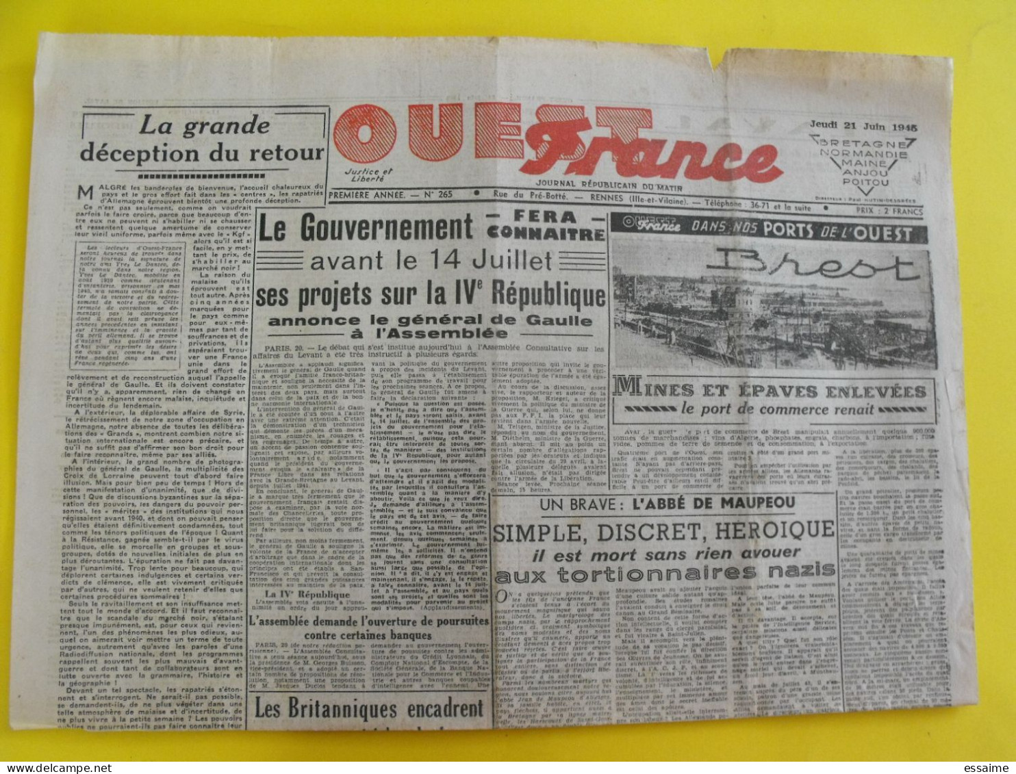 Journal L'Ouest France Du 21 Juin 1945. Guerre épuration Abbé De Maupéou Leopold III Japon De Gaulle Brest - Sonstige & Ohne Zuordnung