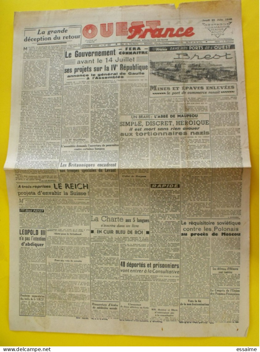 Journal L'Ouest France Du 21 Juin 1945. Guerre épuration Abbé De Maupéou Leopold III Japon De Gaulle Brest - Sonstige & Ohne Zuordnung