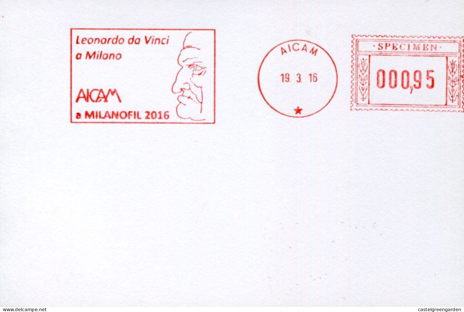 X0492 Italia, Red Meter Freistempel Specimen !!, 2016 Showing Head Of Leonardo Da Vinci, - Autres & Non Classés