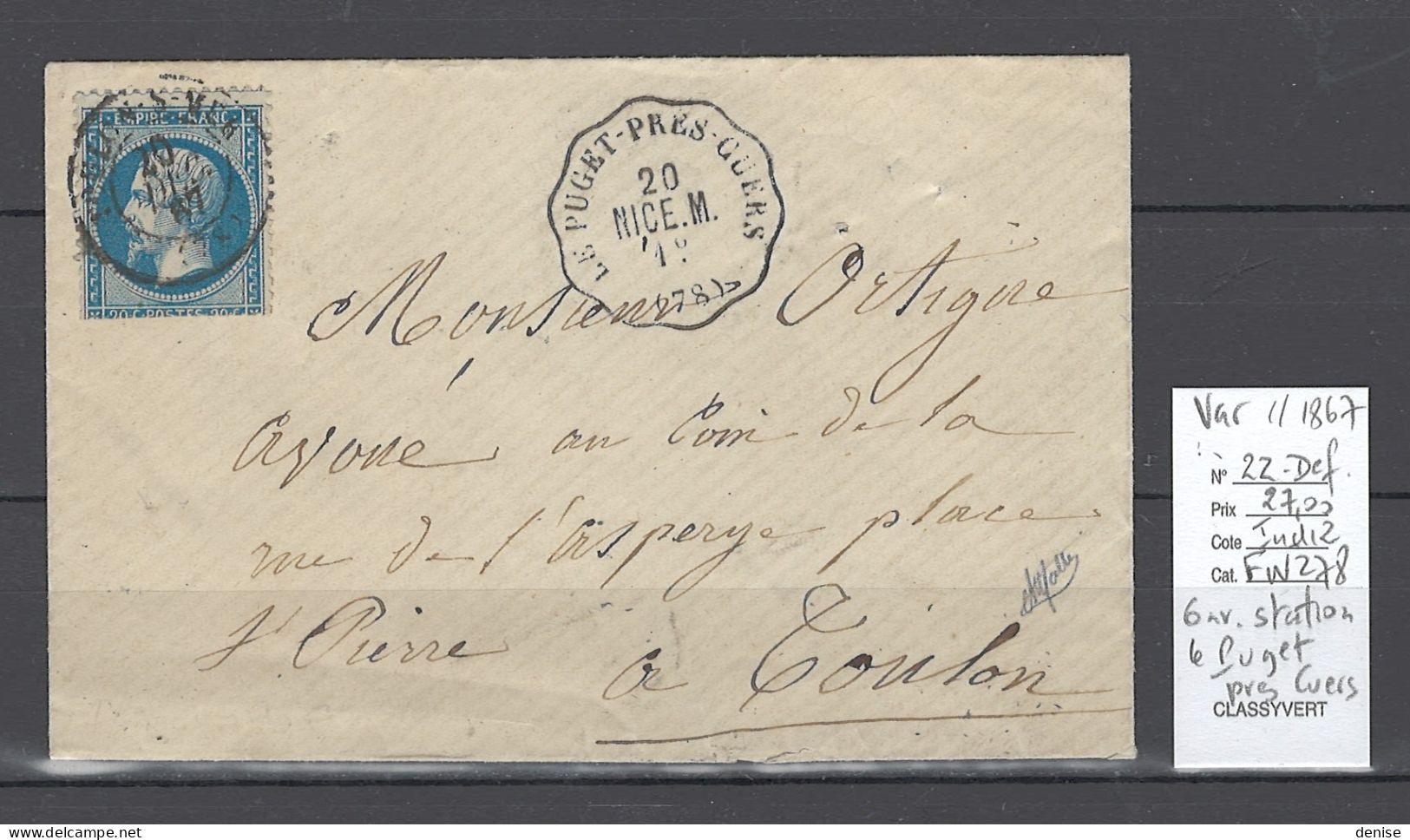 France - Lettre  Convoyeur Station LE PUGET PRES CUERS - 1867 - Var - Railway Post