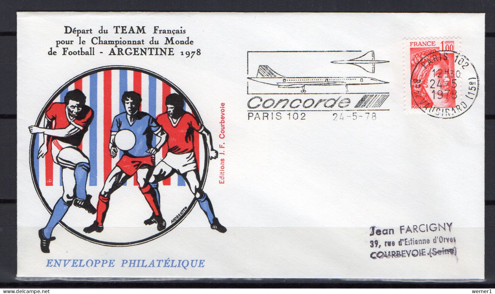 France 1978 Football Soccer World Cup, Concorde Commemorative Cover Departure Of French Team - 1978 – Argentine